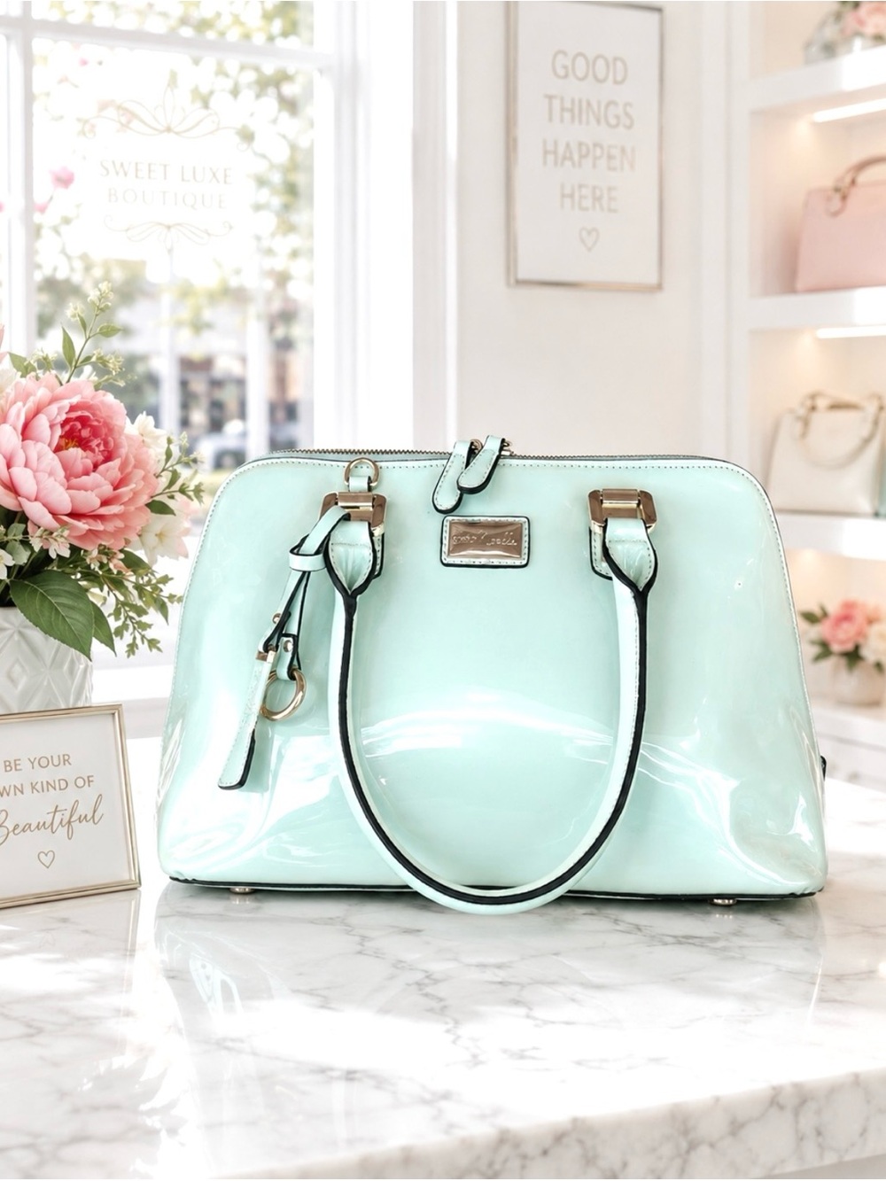 Mint Green Patent Sheen Dome Satchel w/Paisley Print Interior - Crossbody